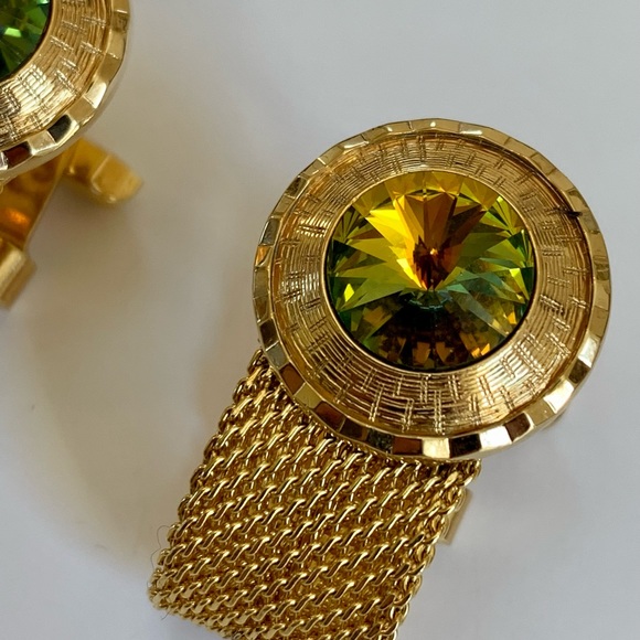 Vintage Gold Tone Mesh Wrap Cufflinks Watermelon Ravioli Rhinestone Nu Lok - Picture 5 of 12